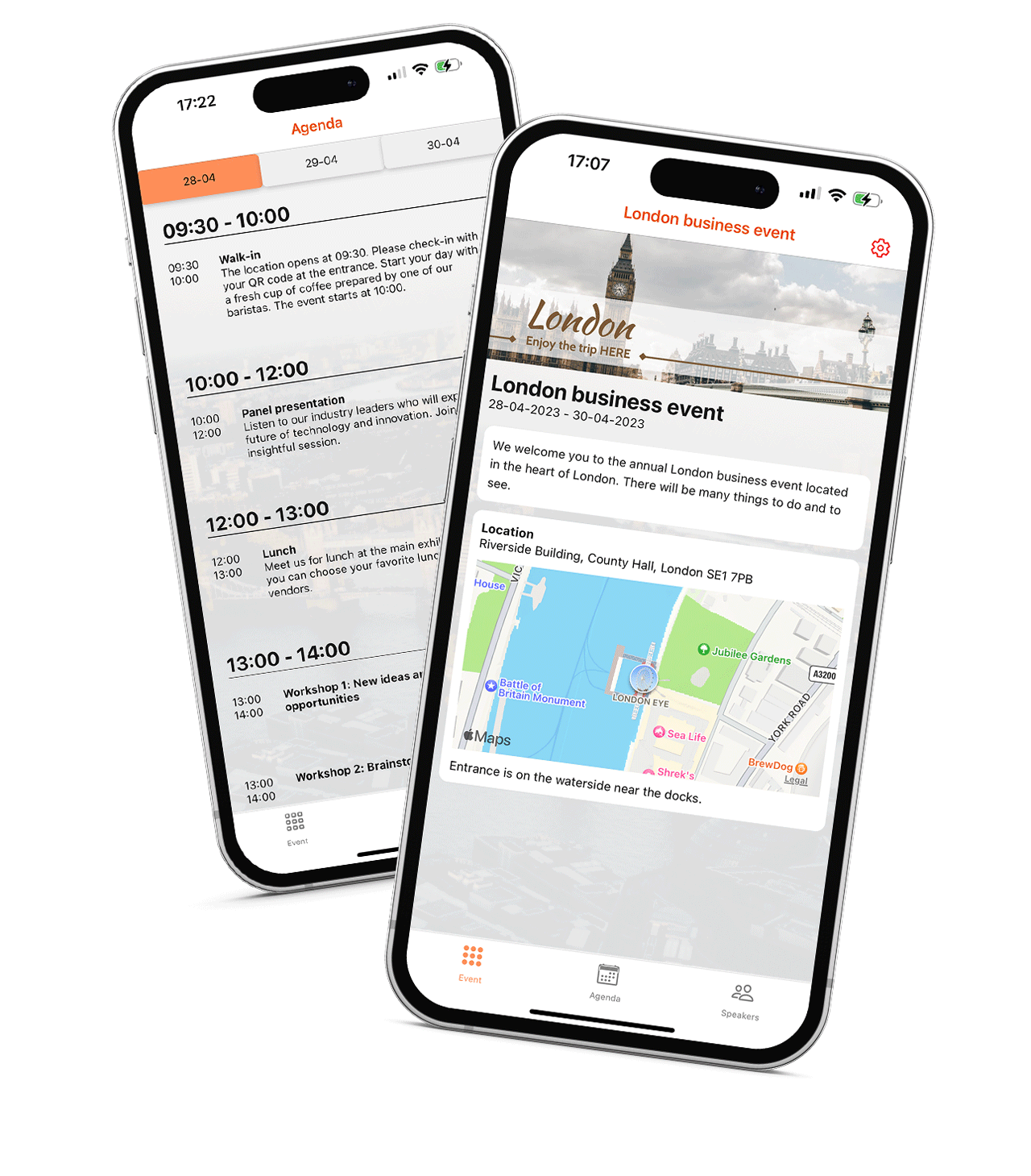 Example of digital event agenda on IPhone and location of event